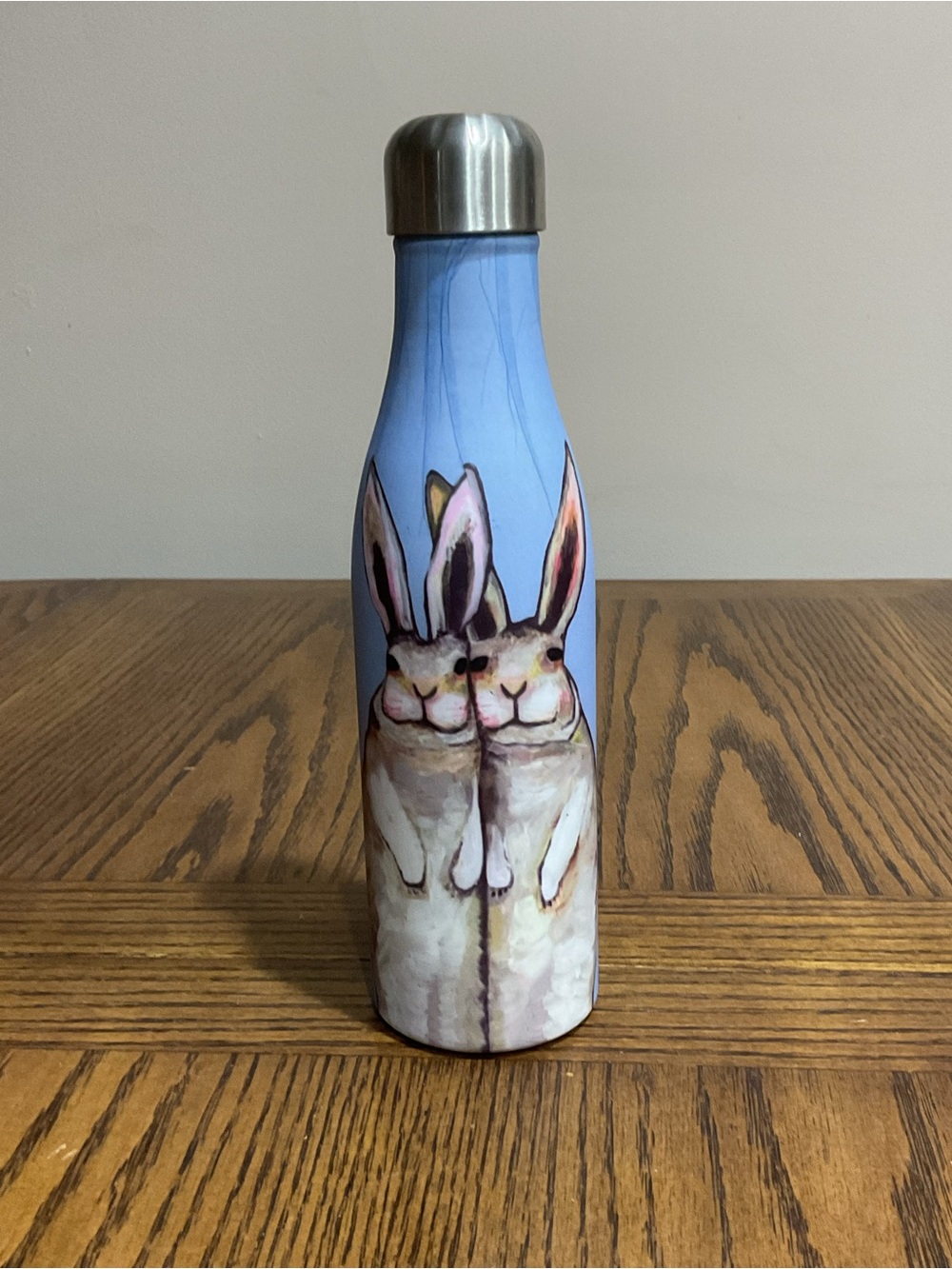 Metal Light Blue Bunny Couple Insulated Water Bottle ThermosEaster Rabbit